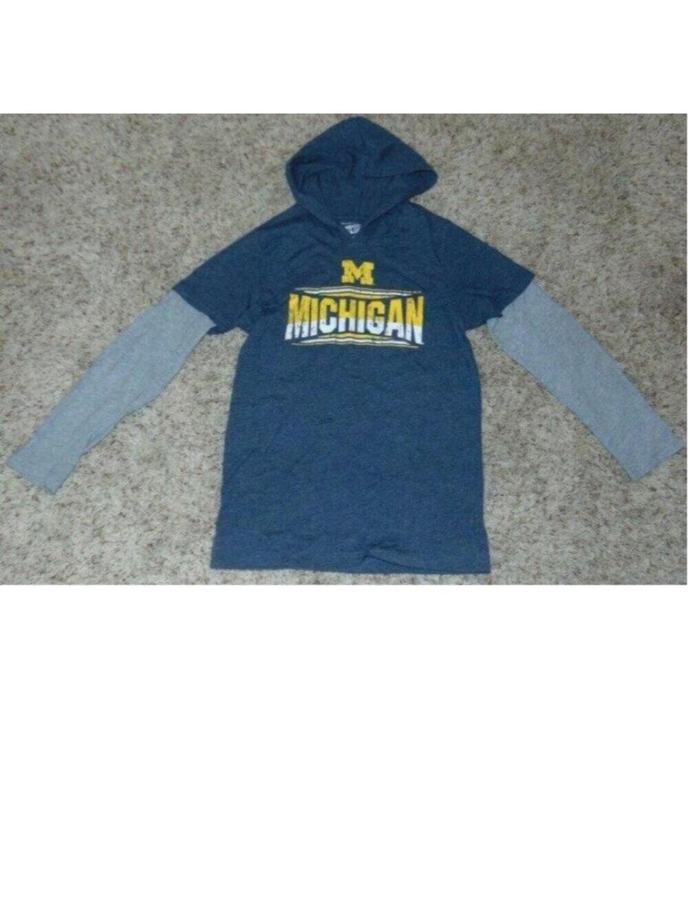 Boys NCAA Michigan Wolverines Shirt 12/14 Gray Football Long Sleeve Hooded